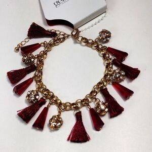 Women's Polished Gold-tone Red Beaded Tassel Bracelet w/ Sparkling Crystal Balls